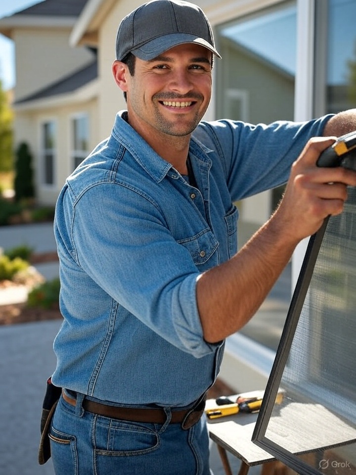 Screen repair technician at work in a Lakeville home